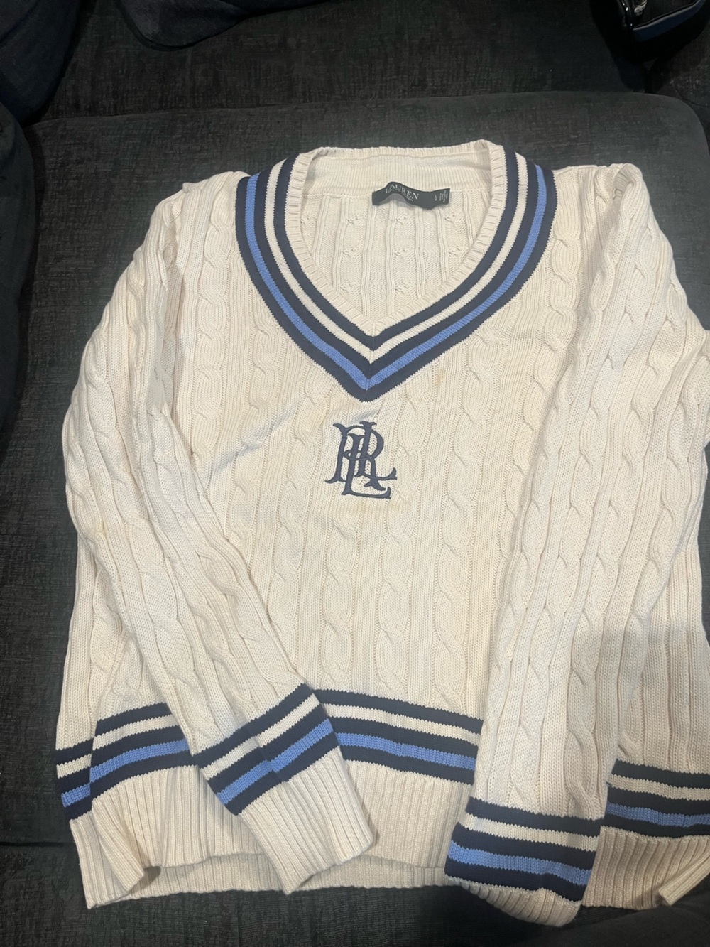 Lauren Ralph Lauren “Cricket” Cream Cable Knit V-Neck Sweater with Blue Trim EUC